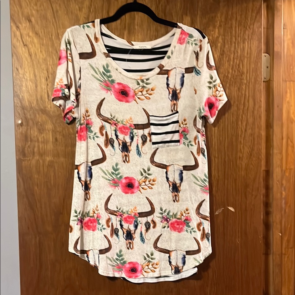 Floral Bull Skull Print Women's Top